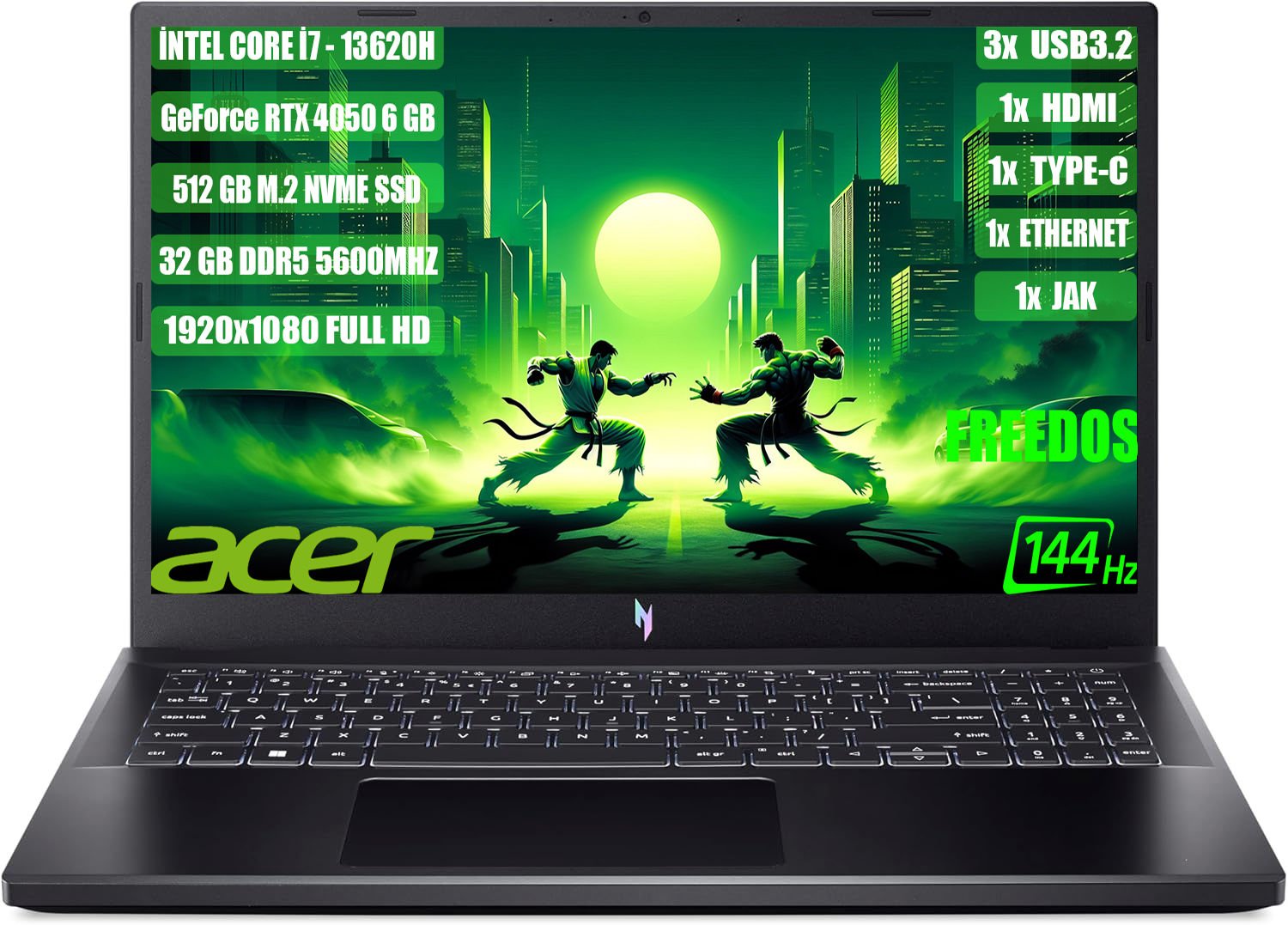 Acer Nitro V 15 I7-13620H 32 GB 512 GB SSD Rtx 4050-6 GB 15.6'' Fhd IPS 144Hz Freedos NH.QNBEY.002+325