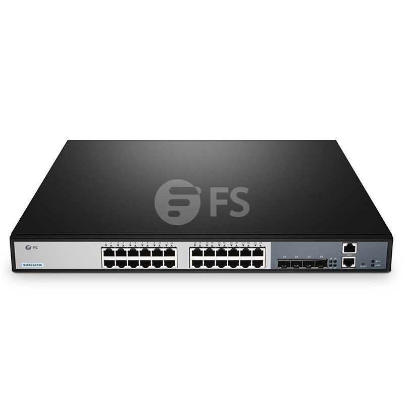 S3900-24T4S, 24-Port Gigabit Ethernet L2+ Fully Managed Switch, 24 x Gigabit RJ45, with 4 x 10Gb SFP+ Uplinks, Stackable Switch, Broadcom Chip, Fanless