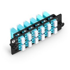 FHD Fiber Adapter Panel, 24 Fibers OM4 MultiMode, 12x LC UPC Duplex (Aqua) Adapter, Ceramic Sleeve