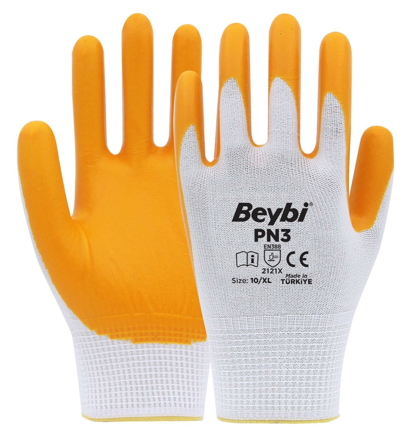 Beybi PN3 Polyester Örme Nitril Eldiven Beyaz-Sarı No:09
