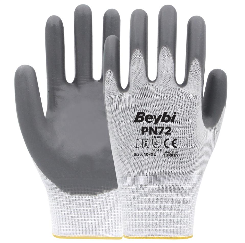 Beybi PN72 Polyester Örme Nitril Eldiven No: 10 - Beyaz/Gri