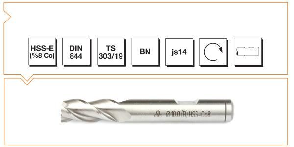Makina Takım HSS - E (%8Co) DIN 844 BN Silindirik Saplı Parmak Freze (Kısa) 10 mm
