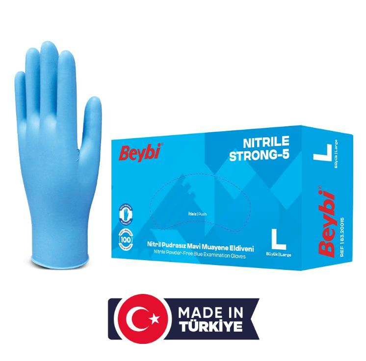 Beybi Strong-5 Pudrasız Mavi Nitril Muayene Eldiveni (100'lük Kutu) - Large