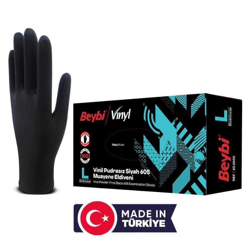 Beybi Vinil Pudrasız Siyah Muayene Eldiveni MDR (100'lük Kutu) - Large