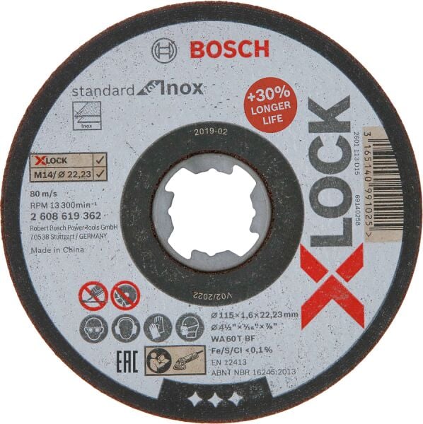 Bosch - X-LOCK - 115*1,6 mm Standard Seri Düz Inox (Paslanmaz Çelik) Kesme Diski (Taş)