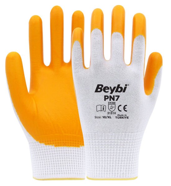 Beybi PN7 Polyester Örme Nitril Eldiven Beyaz-Sarı No:10