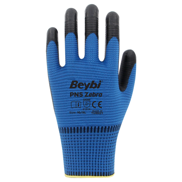 Beybi PN5 Zebra Polyester Örme Nitril Eldiven Mavi No:10