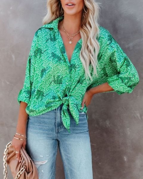 Blouse Green-Anımal-Prınt Nd22908