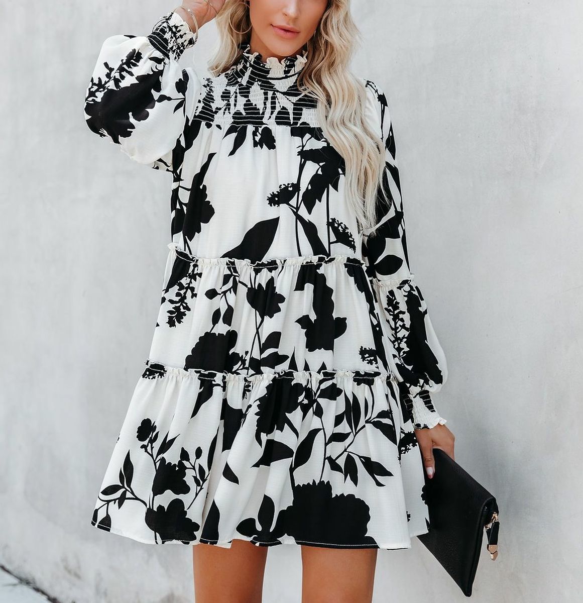 Dress Black-Whıte-Floral Nd22916