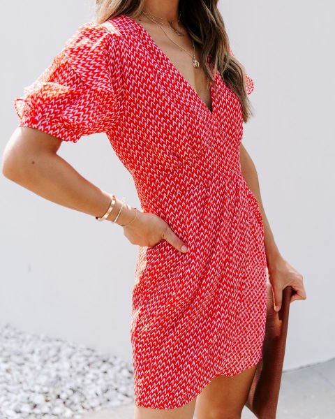 RED-ECRU-PRINTED DRESS