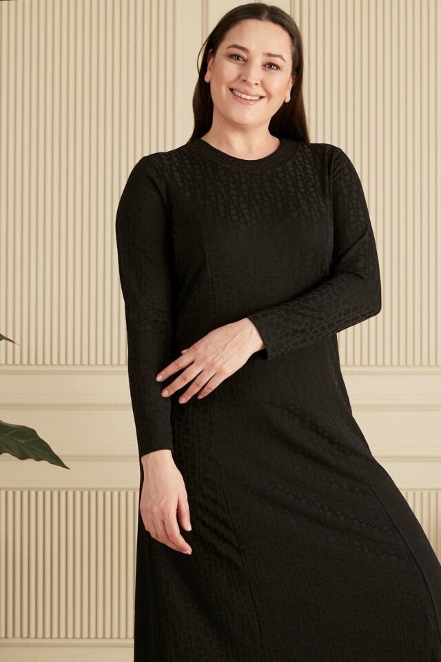 Kadın Büyük Beden Nergiz Jakar Tesettür Anne Elbise siyah - XL