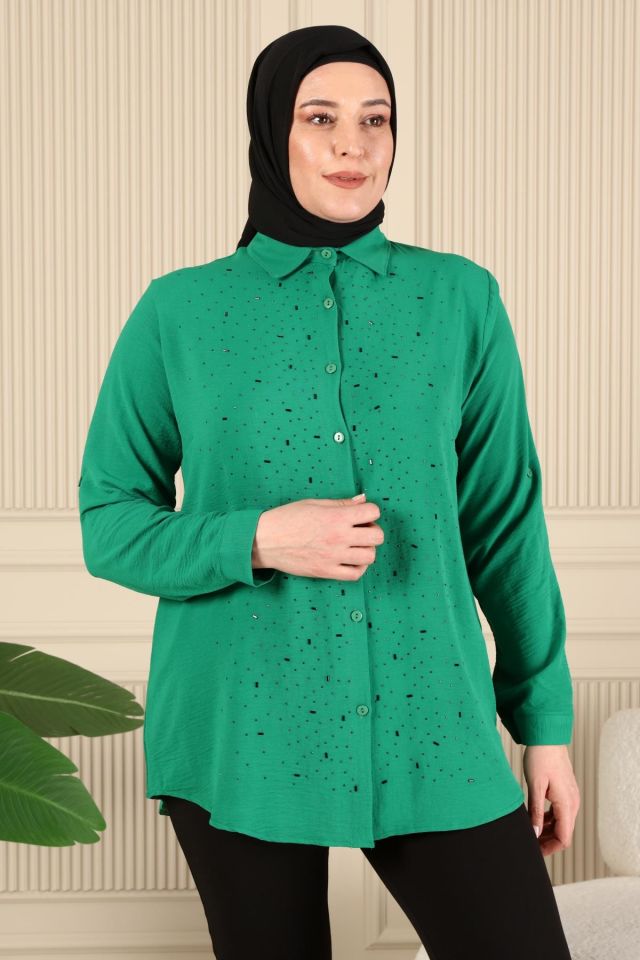 Kadin Tesettur Giyim Buyuk Beden Tunik Gömlek Tas Bakili Yeşil - 60