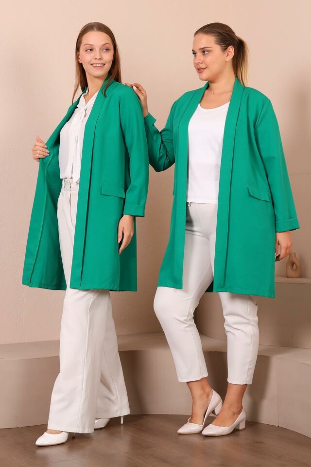 Blazer Buyuk Beden Kadin Ceket Tesettur Giyim Blazer Ceket Yeşil - 48