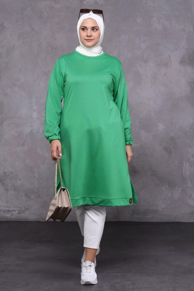 Kadın Büyük Beden İki İplik Penye Uzun Tesettür Tunik Yeşil - XL