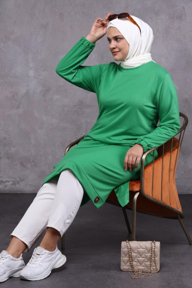 Kadın Büyük Beden İki İplik Penye Uzun Tesettür Tunik Yeşil - XL