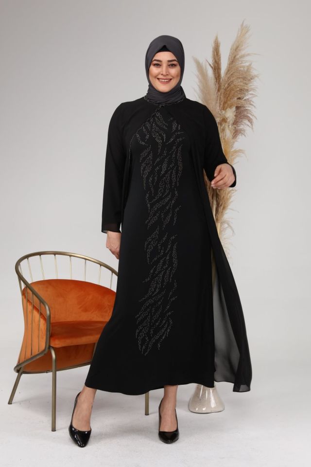 Kadin Buyuk Beden İşlemeli ve Desenli Abiye Takım Elbise siyah - 60
