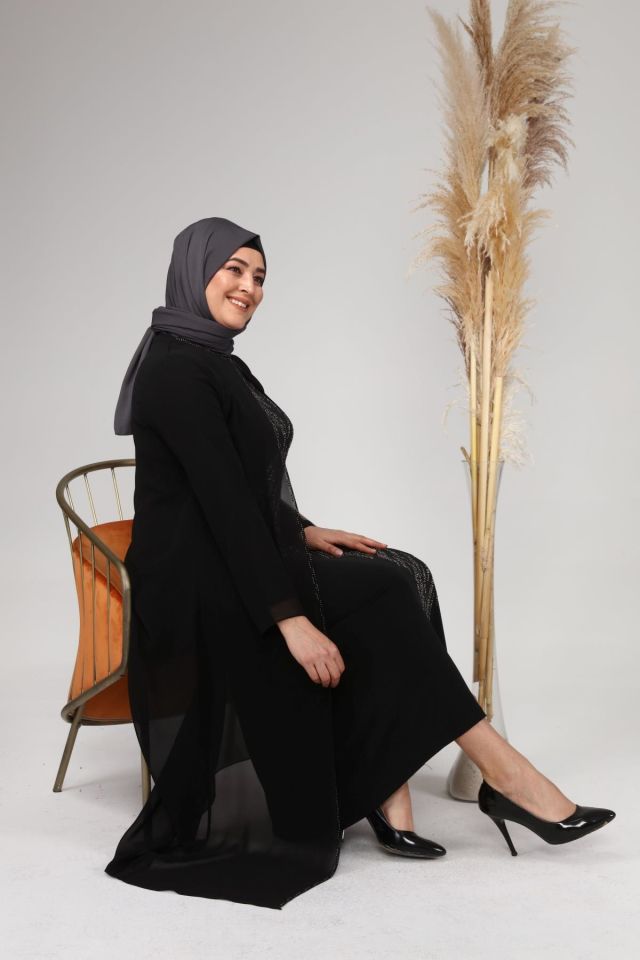 Kadin Buyuk Beden İşlemeli ve Desenli Abiye Takım Elbise siyah - 60