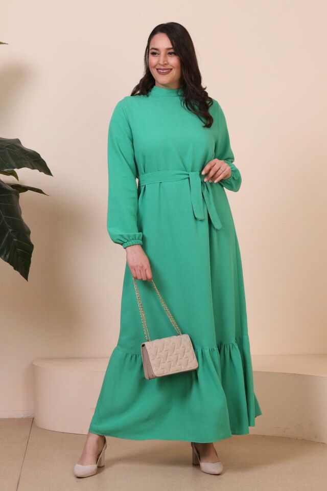 Buyuk Beden Elbise Uzun Kollu Kadin Tesettur Elbise Piliseli Yeşil - XL