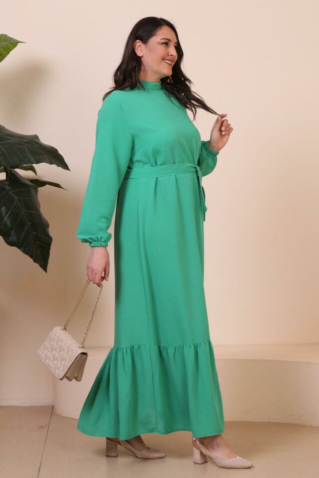 Buyuk Beden Elbise Uzun Kollu Kadin Tesettur Elbise Piliseli Yeşil - XL