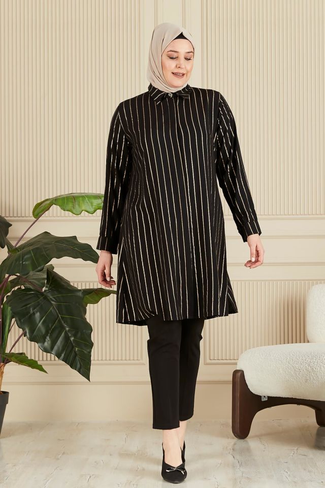 Kadın Tesettür Büyük Beden Çizgili Uzun Gömlek Tunik siyah - XL