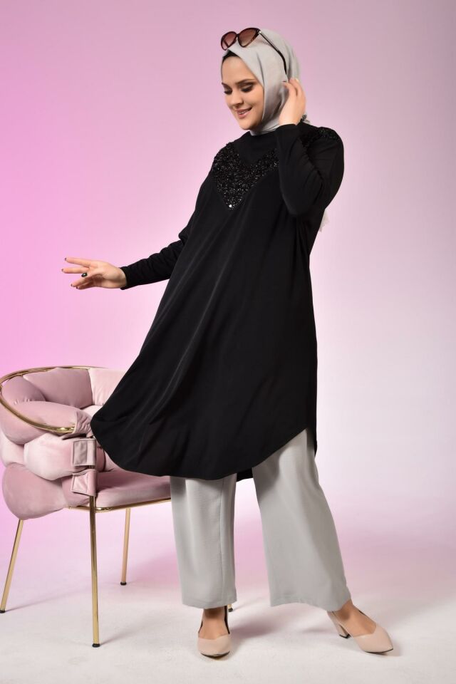 Kadin Buyuk Beden Giyim Tunik Yarasa Kol ve Oversize Kesim siyah - XL