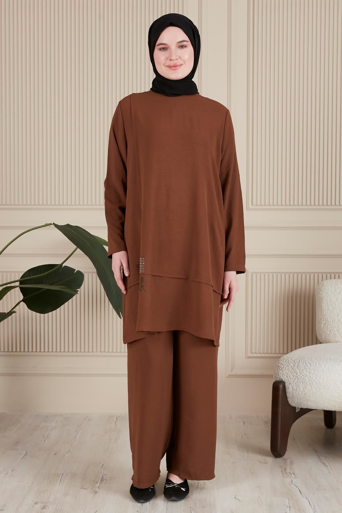 Kadin Tesettur Giyim Buyuk Beden Tesettur İkili Takim Ayrobin Pantolon Tunik Takim Kahverengi - XL