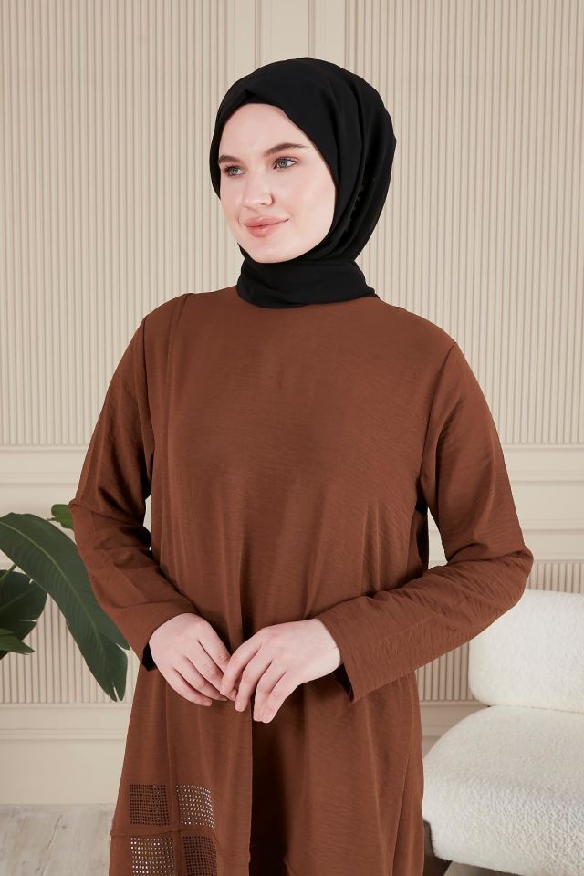 Kadin Tesettur Giyim Buyuk Beden Tesettur İkili Takim Ayrobin Pantolon Tunik Takim Kahverengi - XL