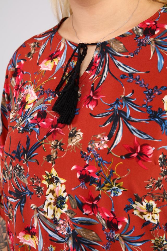 Kadın Büyük Beden Viskon Tunik Çiçek Desenli Katlamalı Kol kiremit - 50