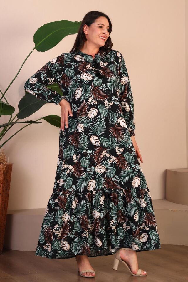 Kadın Büyük Beden Viskon Elbise Palmiye Desenli ve İç Göstermez Yeşil - M
