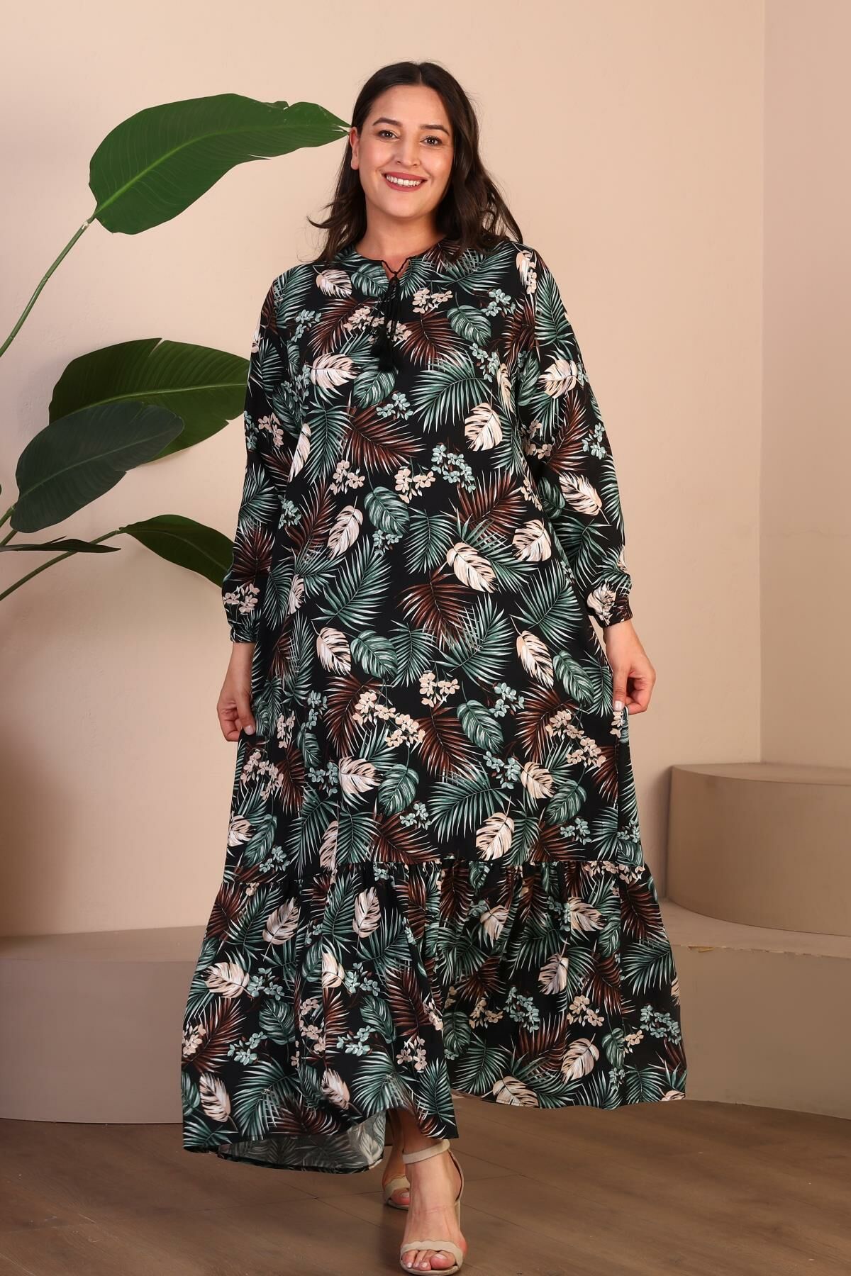 Kadın Büyük Beden Viskon Elbise Palmiye Desenli ve İç Göstermez Yeşil - XL