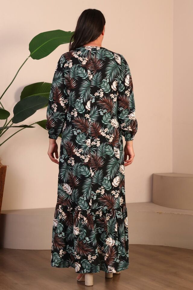 Kadın Büyük Beden Viskon Elbise Palmiye Desenli ve İç Göstermez Yeşil - XL