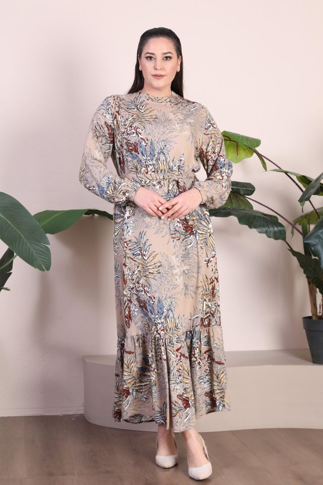 Kadin Büyük Beden Elbise Palmiye Desenli Viskon Elbise vizon - M