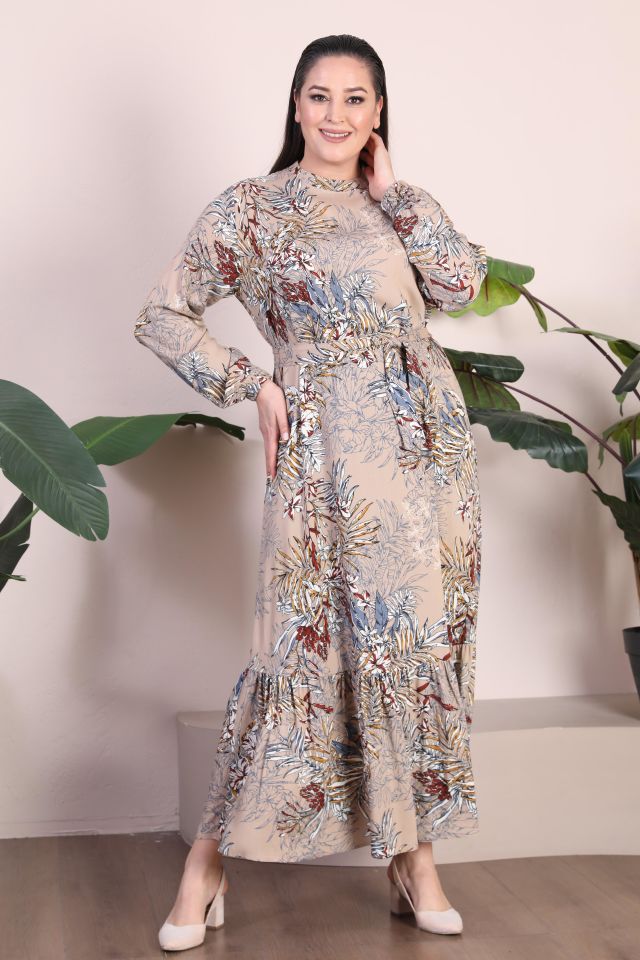 Kadin Büyük Beden Elbise Palmiye Desenli Viskon Elbise vizon - XL