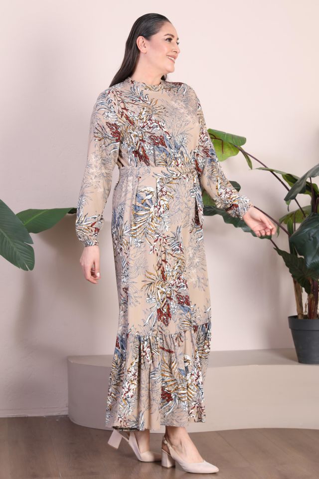 Kadin Büyük Beden Elbise Palmiye Desenli Viskon Elbise vizon - XL