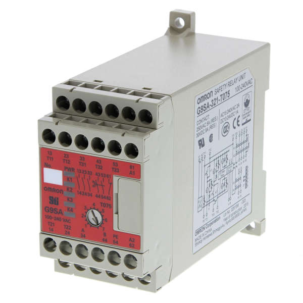 Omron - G9SA-321-T075 AC/DC24  Safety relay unit, 3PST-NO (Category 4), 5 A, SPST-NC aux, DPST-NO 0.5 to 7.5sec 'OFF-delay' category 3 outputs, 1 or 2 channel input