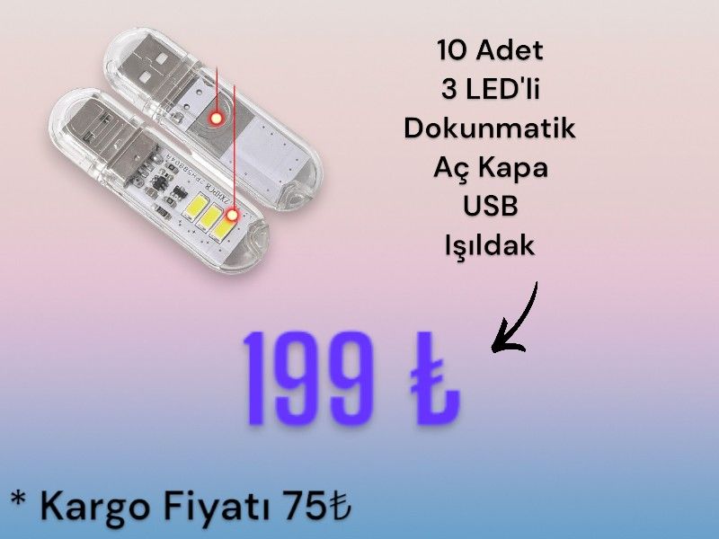 10 Adet MELTİS 3 LEDLİ DOKUNMATİK AÇ KAPA USB STICK AYDINLATMA