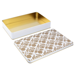 Metal Kutu | Beyaz Çini Desenli Dikdörtgen Teneke Kutu | 26.5 cm x 17.5 cm x 4.5 cm (72 adet)