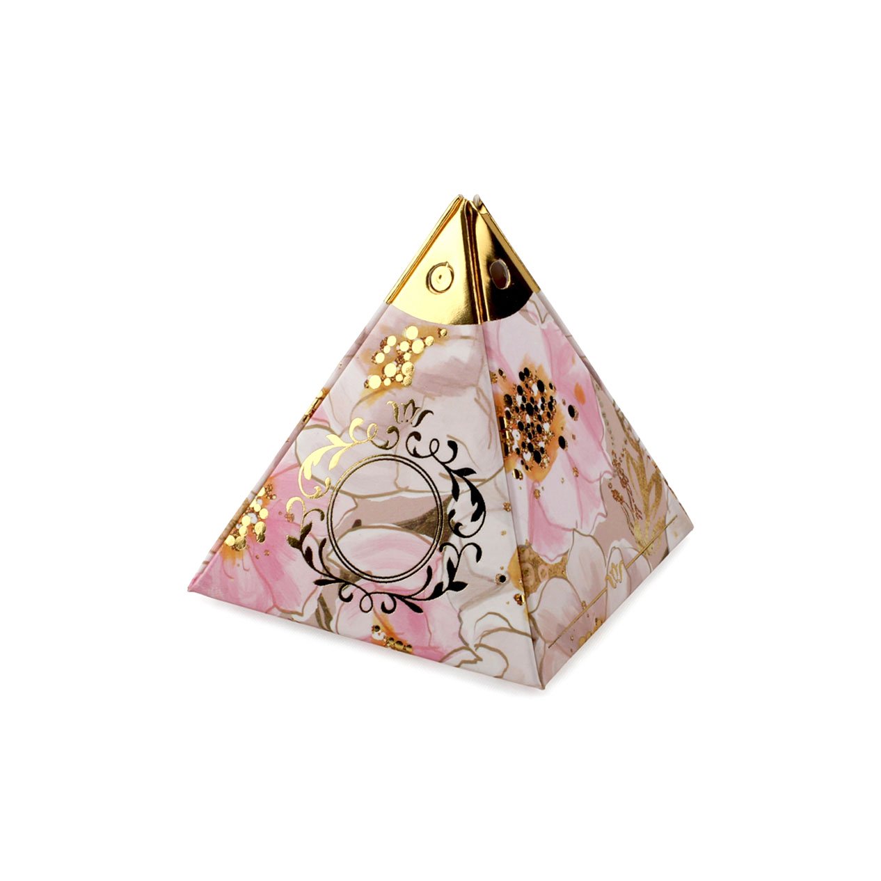 Pembe Çiçekli Altın Piramit Kutu