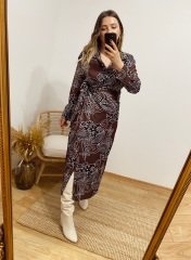 ORJİNAL MODEL KAHVE DESENLİ SATEN KRUVAZE ELBİSE