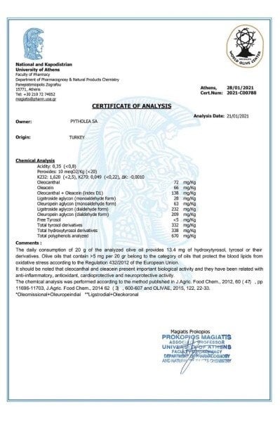 PYTHOLEA Zeytinyağı 500-600 mg/kg Polifenollü 0.5 L  (2022 - 2023)