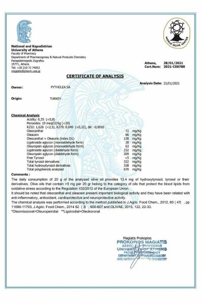 PYTHOLEA Zeytinyağı 700-800 mg/kg Polifenollü 0.5 L  (2023)