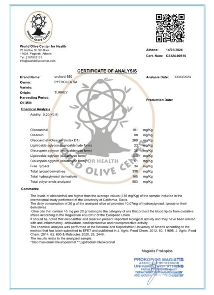 PYTHOLEA Zeytinyağı 500-600mg/kg Polifenollü 0.5 L  (2024)