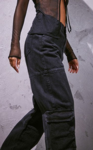 RECYCLED BLACK CARGO POCKET WIDE LEG JEAN