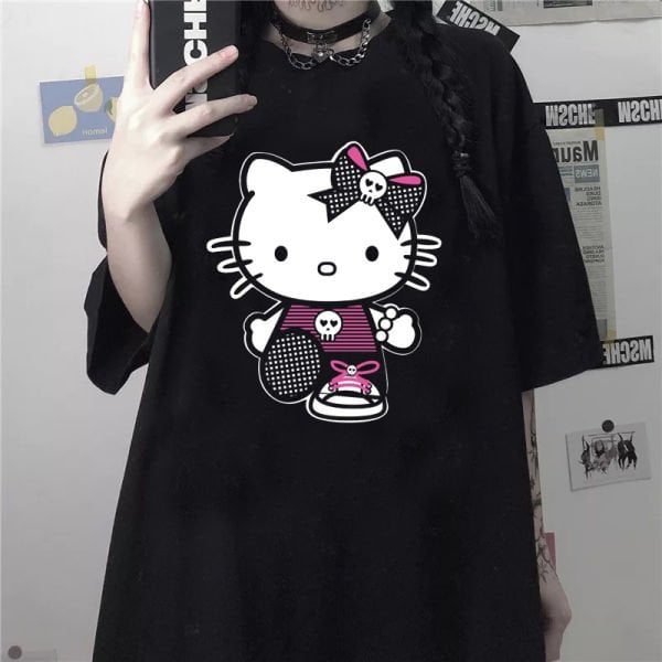 Anime Gothic Hello Kitty Siyah (Unisex) T-Shirt
