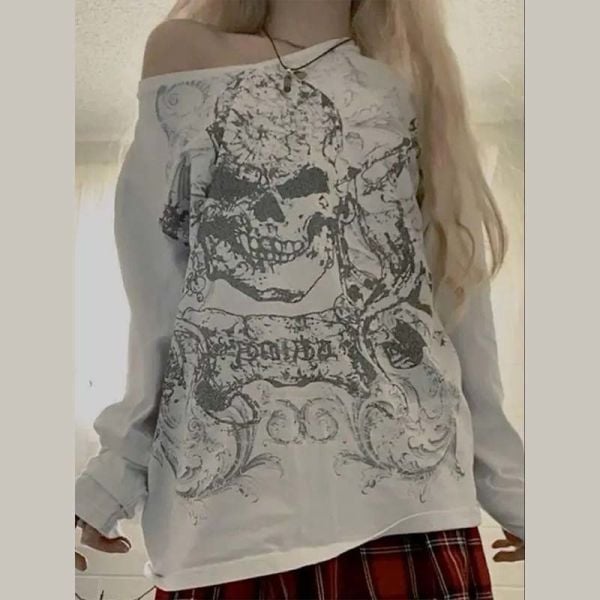 Beyaz Omuz Açık Skull Pattern Uzun Kollu Sweatshirt