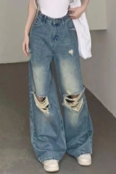 Açık Mavi Y2K Yırtık Detaylı Bol Paça Jeans