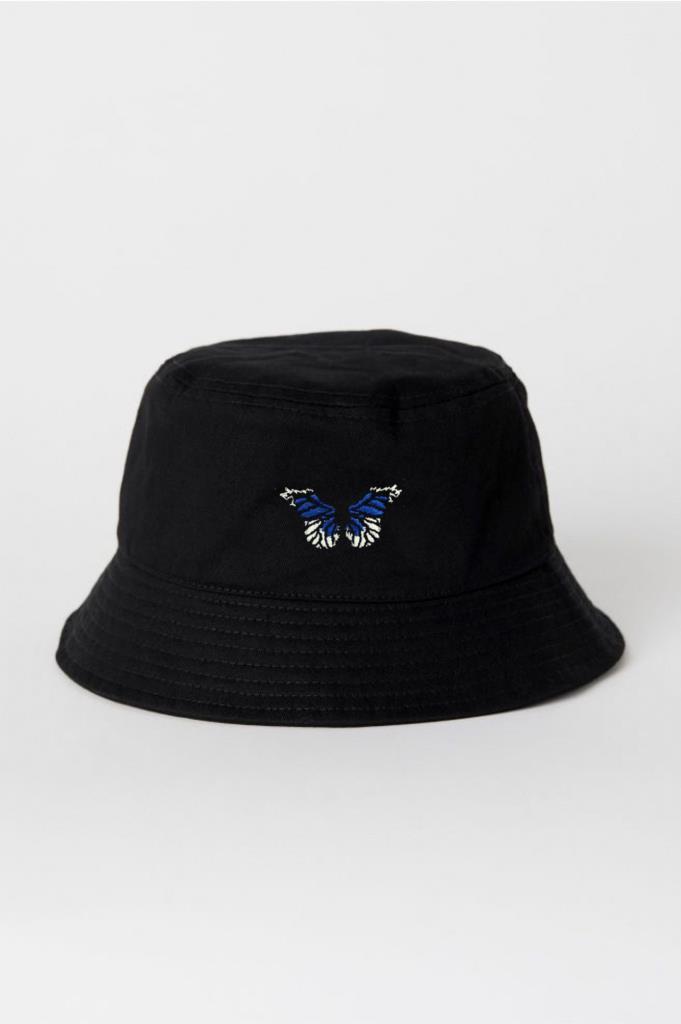 Siyah Mavi Kelebek Nakışlı Balıkçı Şapka