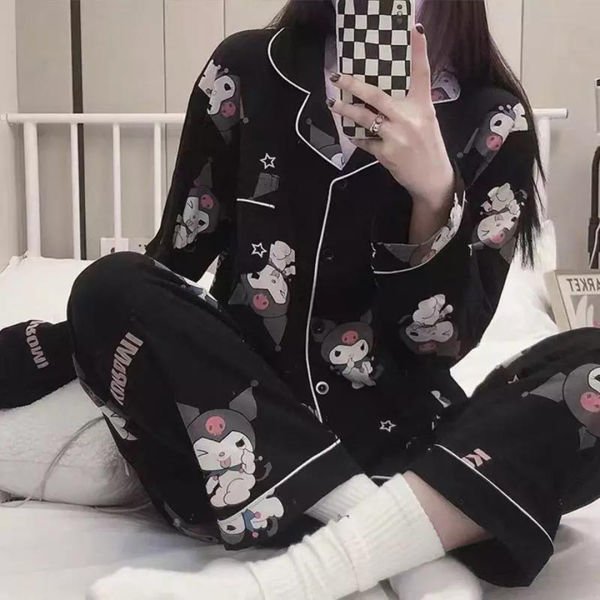 Siyah Anime Harajuku Kuromi Sanrio Kolaj (Unisex) Pijama Takımı