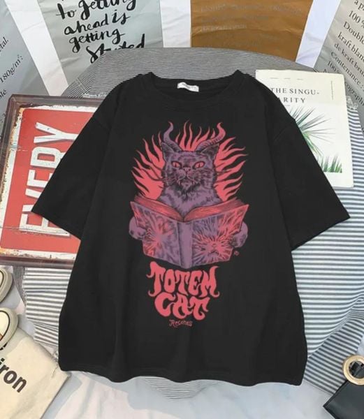 Harajuku Totem Cat Siyah Unisex T-Shirt