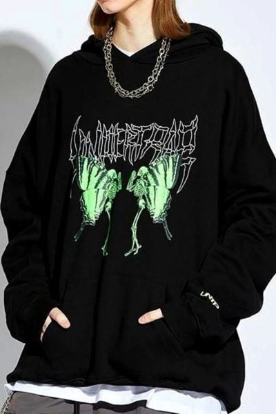 Siyah Gothic Kelebek Unisex Kapüşonlu Sweatshirt